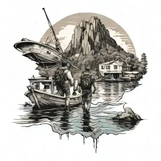 couple traveling hiking facing the sea looking at a boat with number 3 and the sign of Sagittarius tattoo design idea