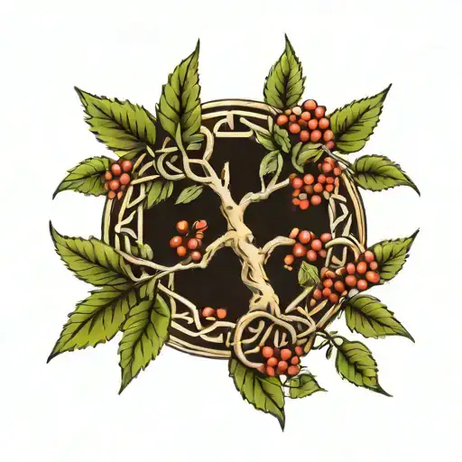 Rowan tree branch and Celtic symbol intertwined tattoo design idea