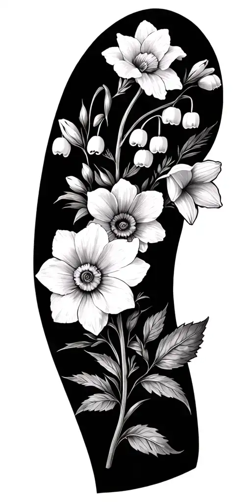 Daffodil • Lily of the Valley • Morning Glory/Aster • Cosmos or Marigold with vines with leave from shoulder to wrist tattoo design idea