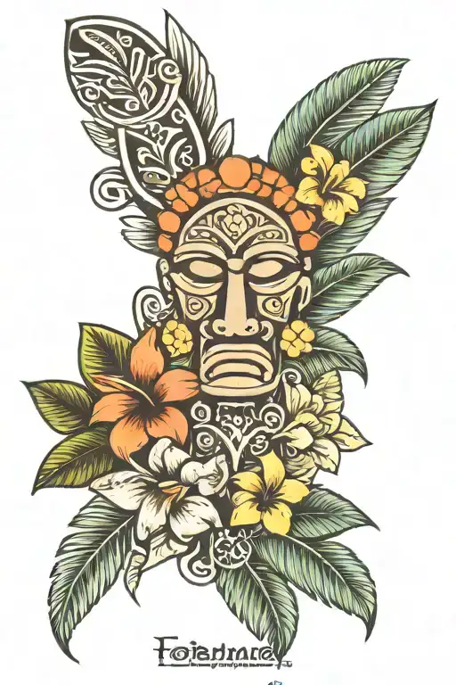 forearm tribal with tiki, plumeria flowers, palm tree, and the sun  tattoo design idea