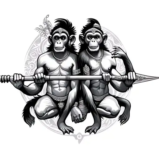hindu spears held by 2 monkeys tattoo design idea