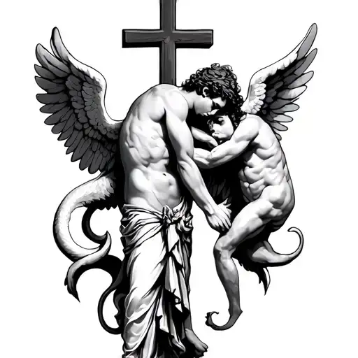 A cross under him an angel bowing his head and his tail hold their hands tattoo design idea