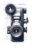minimalist photo camera with technical schematic style tattoo design idea