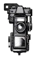 minimalist photo camera with technical schematic style tattoo design idea