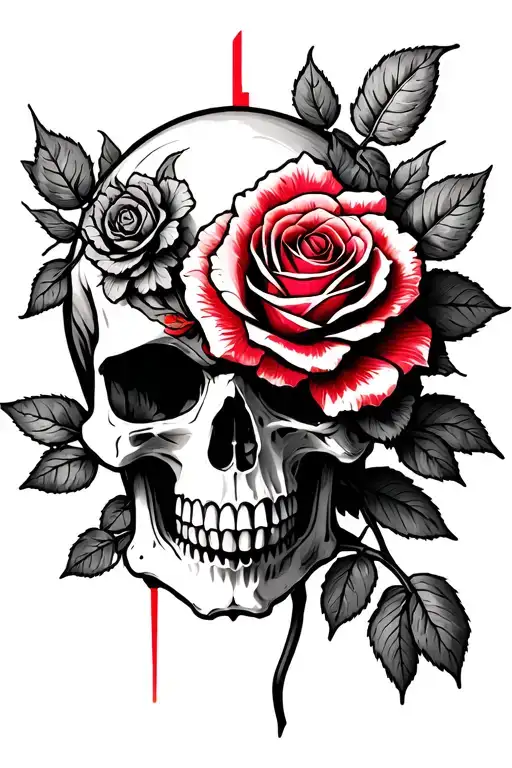 skull and with wilting rose growing through the eye  and a thin redline running down one side tattoo design idea