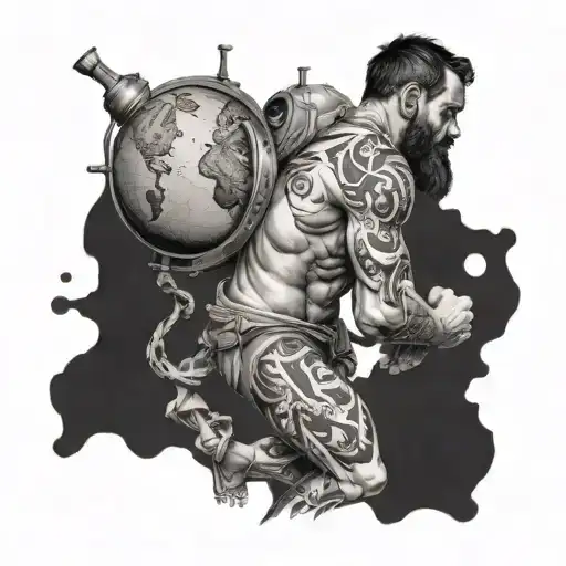 Atlas carrying the world on his back. realism tattoo design idea