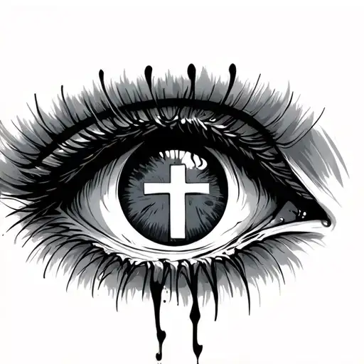An eye crying hard with a reflection of a cross in the pupil tattoo design idea