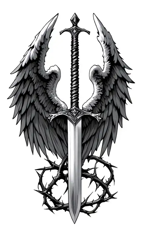 angel wings with sword wrapped in thorns tattoo design idea
