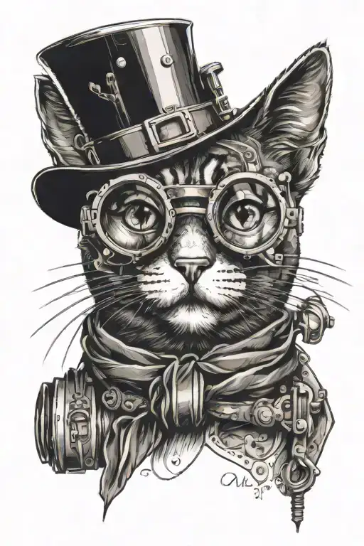 STEAMPUNK CAT WITH GOGGLES TATTOO BLACK WORK LINE WORK SIMPLE LINES WITH SMALL AMOUNT OF SHADING tattoo design idea