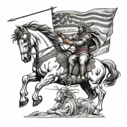 Mahabharat warrior on his knees shooting arrows in front, behind him is a big White horse rearing and a big flag waving  tattoo design idea