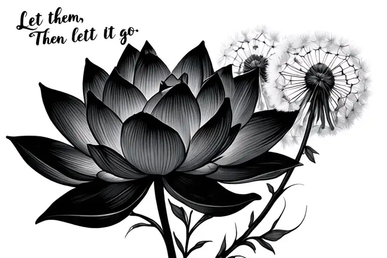 Lotus flower on the left of the phrase "Let them; Then let it go" attached to a dandelion stem to the right tattoo design idea