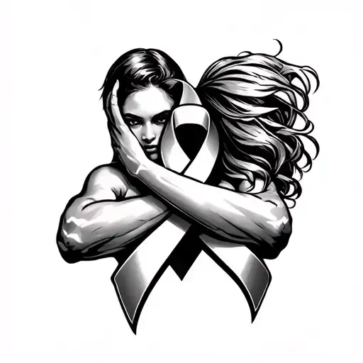 cancer ribbon wrapped arms around herself tattoo design idea