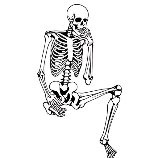 skeleton, sitting, thinking, knee up, elbow on knee, hand near chin, thinking, skeleton tattoo design idea