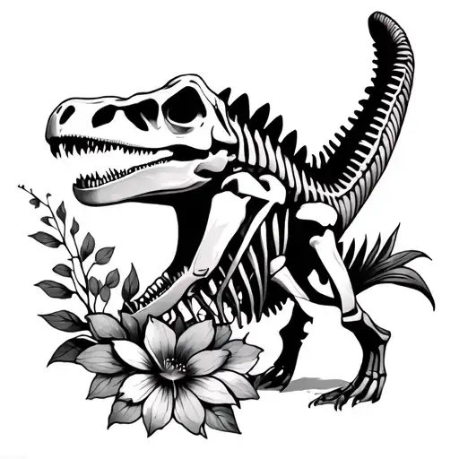 black and white spinosaurus skeleton with flowers tattoo design idea