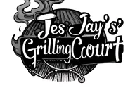 "Jay's Grilling Court" Minimalist tattoo, grill on the right, smoke rising behind the text tattoo design idea