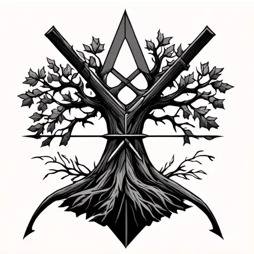 Robin Hood geometric design incorporating bow and arrow and oak tree tattoo design idea