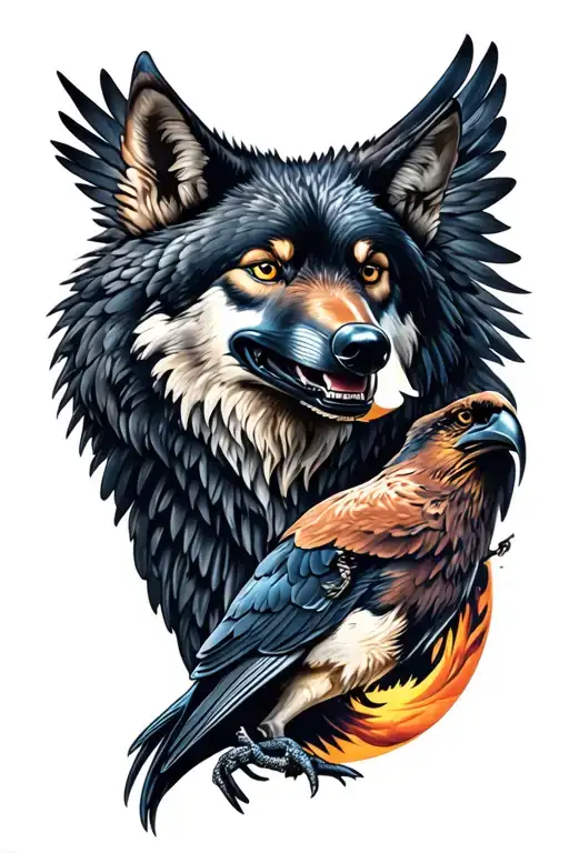 raging wolf and raven perched tattoo design idea
