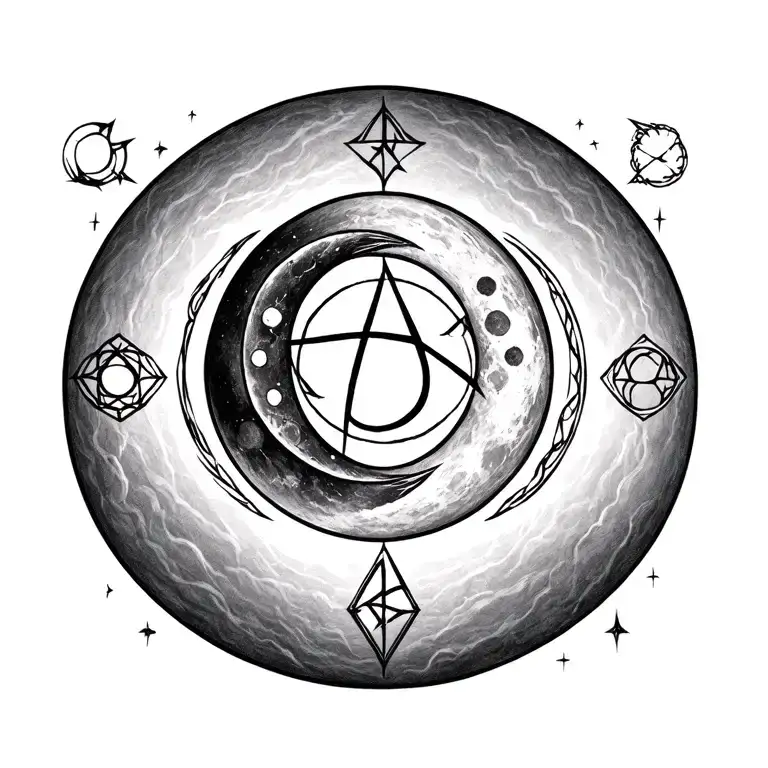 the wicca two crecent moon symbol with all 5 element's below it  tattoo design idea