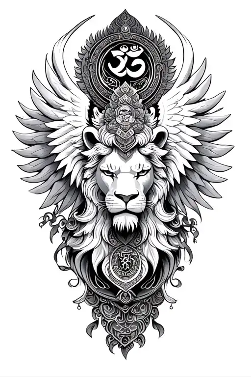 shamanic tibetan art with garuda,white lion and OM incorporate names of kids jade flynn grace helayna and dylan name     tattoo design idea