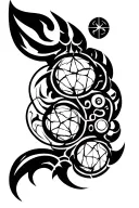 Tribal sigil, 7 orbs, runes + mandala fusion, cracked spine center, black ink, sacred balance. tattoo design idea