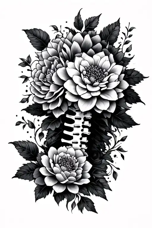 spine tattoo with dahlia flowers and wild roses going into a lower back tattoo with mandala pattern tattoo design idea