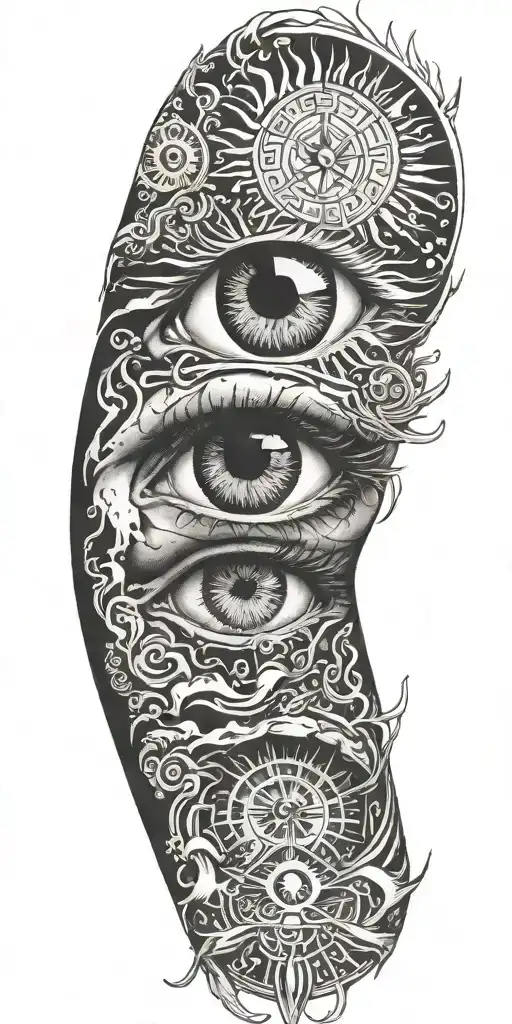 eye and fire,sun. electricity, florida psycedelic tattoo design idea
