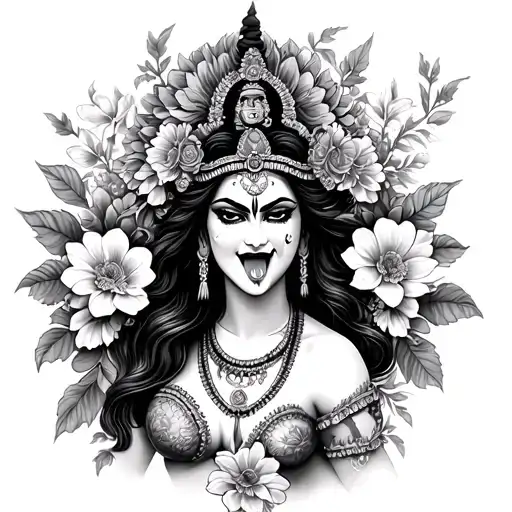 goddess kali angled slightly to the side with her tongue out and a face of rage. she's pretty, and surrounded in flowers tattoo design idea