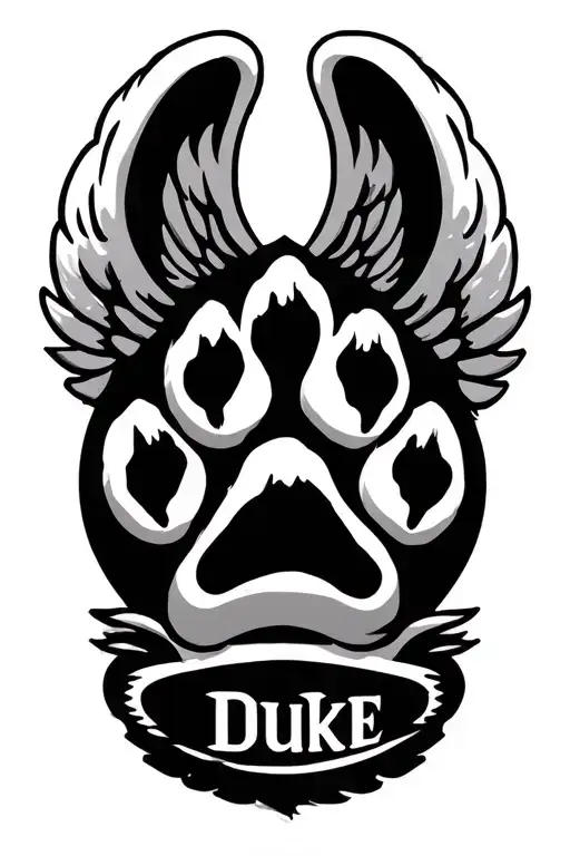 cat paw print with angel wings and the name Duke tattoo design idea