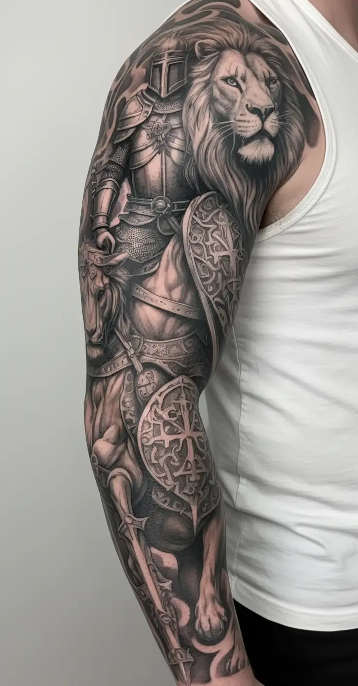 knight templar with a lion and a warrior bible verse written tattoo design idea