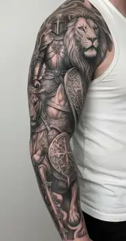 knight templar with a lion and a warrior bible verse written tattoo design idea