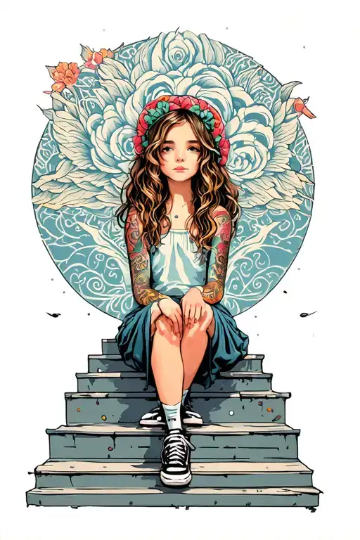 lttle girl sitting on steps towards decisions tattoo design idea