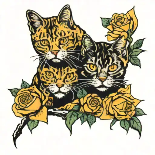 yellow  roses, 1 orange and 1 black cat tattoo design idea