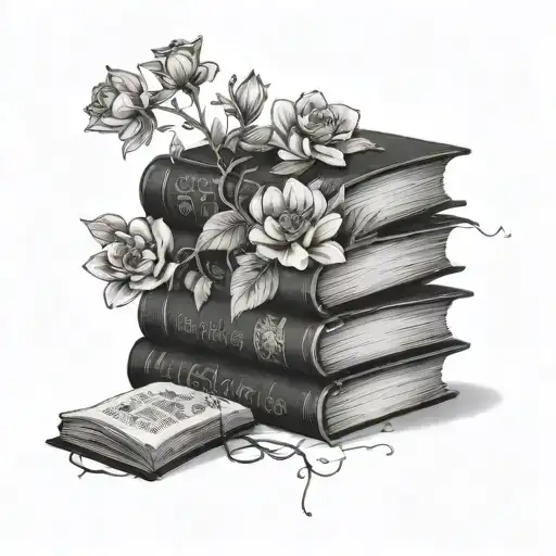 three books stacked, top book open with flowers growing, words encircling flowers tattoo design idea