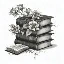 three books stacked, top book open with flowers growing, words encircling flowers tattoo design idea