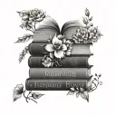 three books stacked, top book open with flowers growing, words encircling flowers tattoo design idea