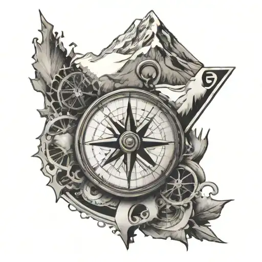 compass card inside of mount everest and a bike cassette tattoo design idea
