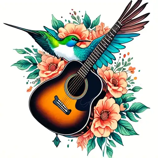 hummingbird and acoustic guitar tattoo design idea