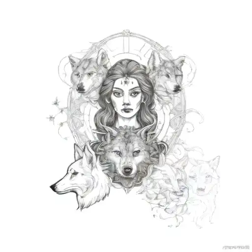create a witch hecate with a female face and 2 wolves tattoo design idea