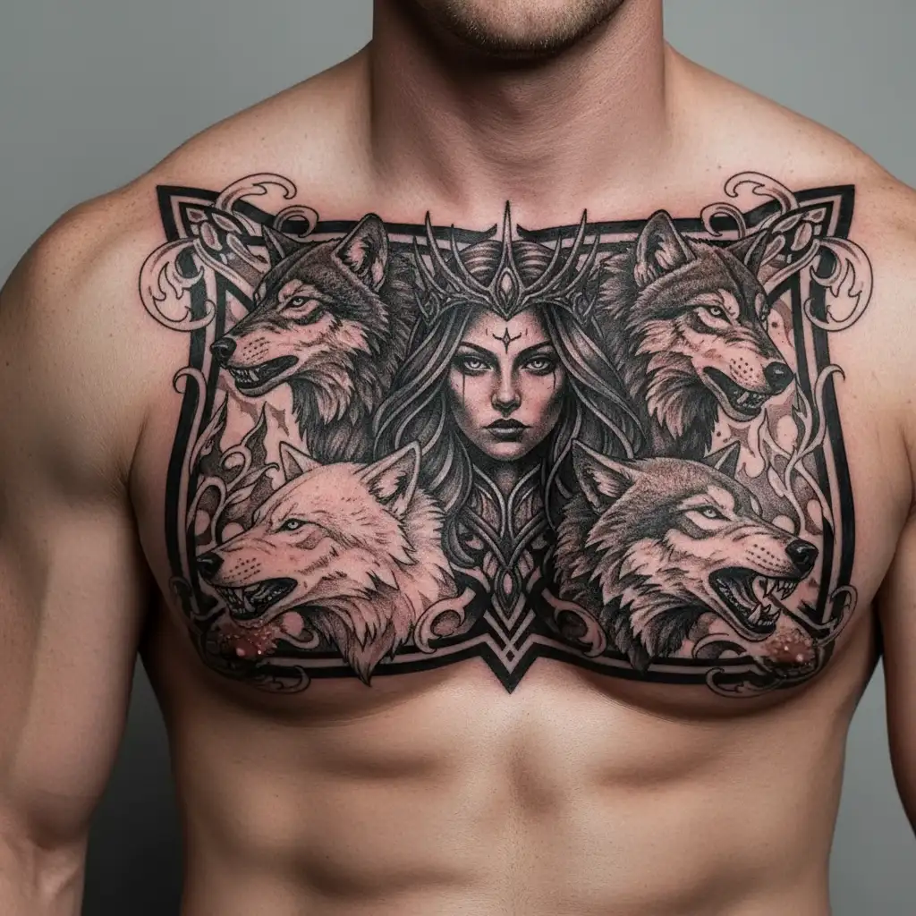 create a witch hecate with a female face and 2 wolves tattoo design idea