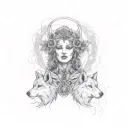 create a witch hecate with a female face and 2 wolves tattoo design idea