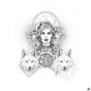 create a witch hecate with a female face and 2 wolves tattoo design idea
