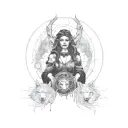 create a witch hecate with a female face and 2 wolves tattoo design idea