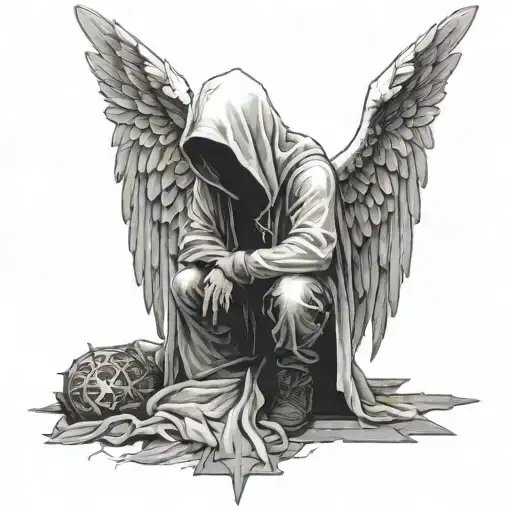 a hooded man kneeling infront of a cross with decaying angel wings on his back  tattoo design idea
