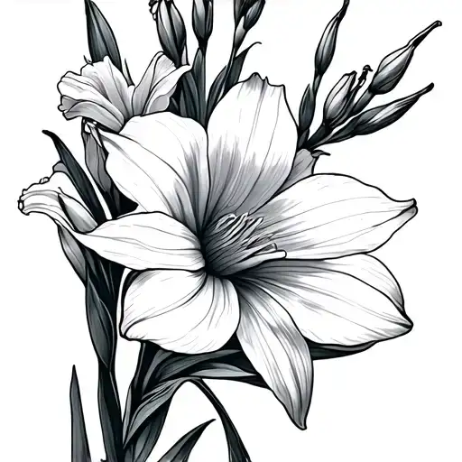 gladiolus, daffodil and cosmos single flower fine line tattoo design idea