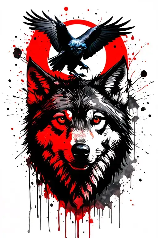 lone wolf head with raven fying on top of the head with moon in background with water color  tattoo design idea