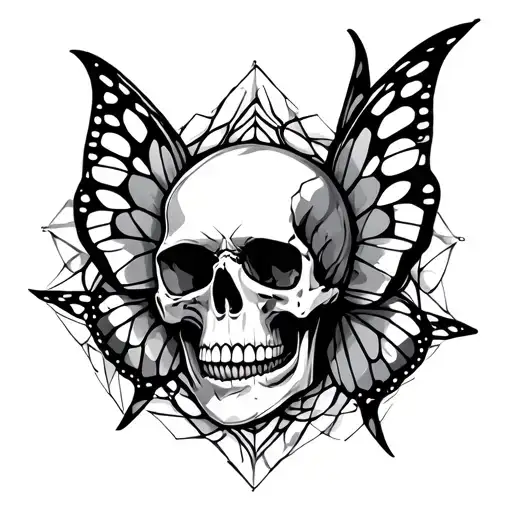 Closed mouth skull with butterfly wings coming out of the sides, surrounded by geometric mandala Patterns tattoo design idea