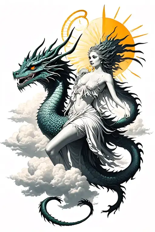 beautiful devil woman with halo riding dragon above the clouds with sun shinning no colour tattoo design idea