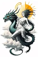 beautiful devil woman with halo riding dragon above the clouds with sun shinning no colour tattoo design idea
