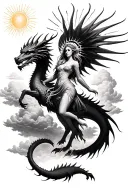 beautiful devil woman with halo riding dragon above the clouds with sun shinning no colour tattoo design idea