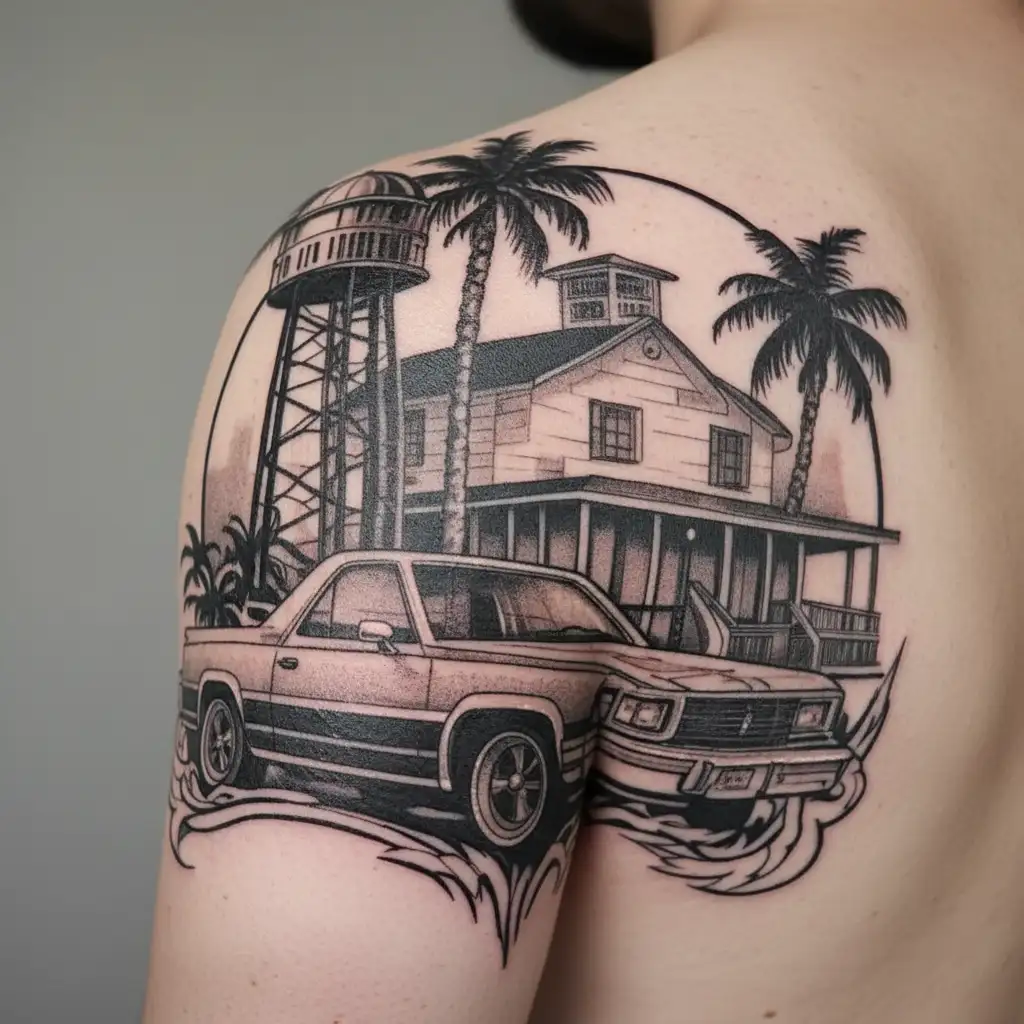 1981 Chevy el Camino with water tower in background with palm trees and a 714 inside of a California state outline  tattoo design idea